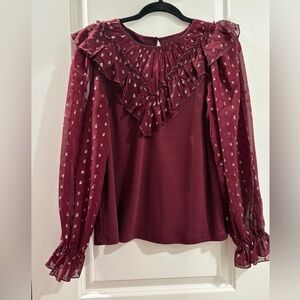 LOFT Burgundy Blouse with Sheer Ruffle Sleeves